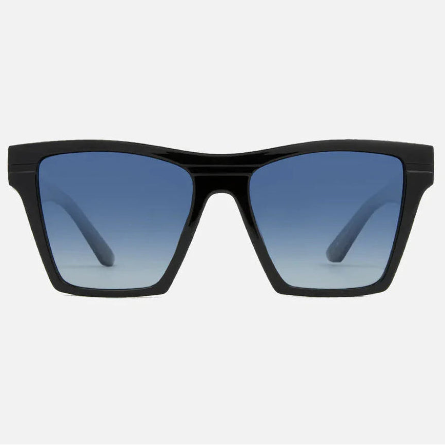 Black sunglasses with blue gradient lenses on a light gray background