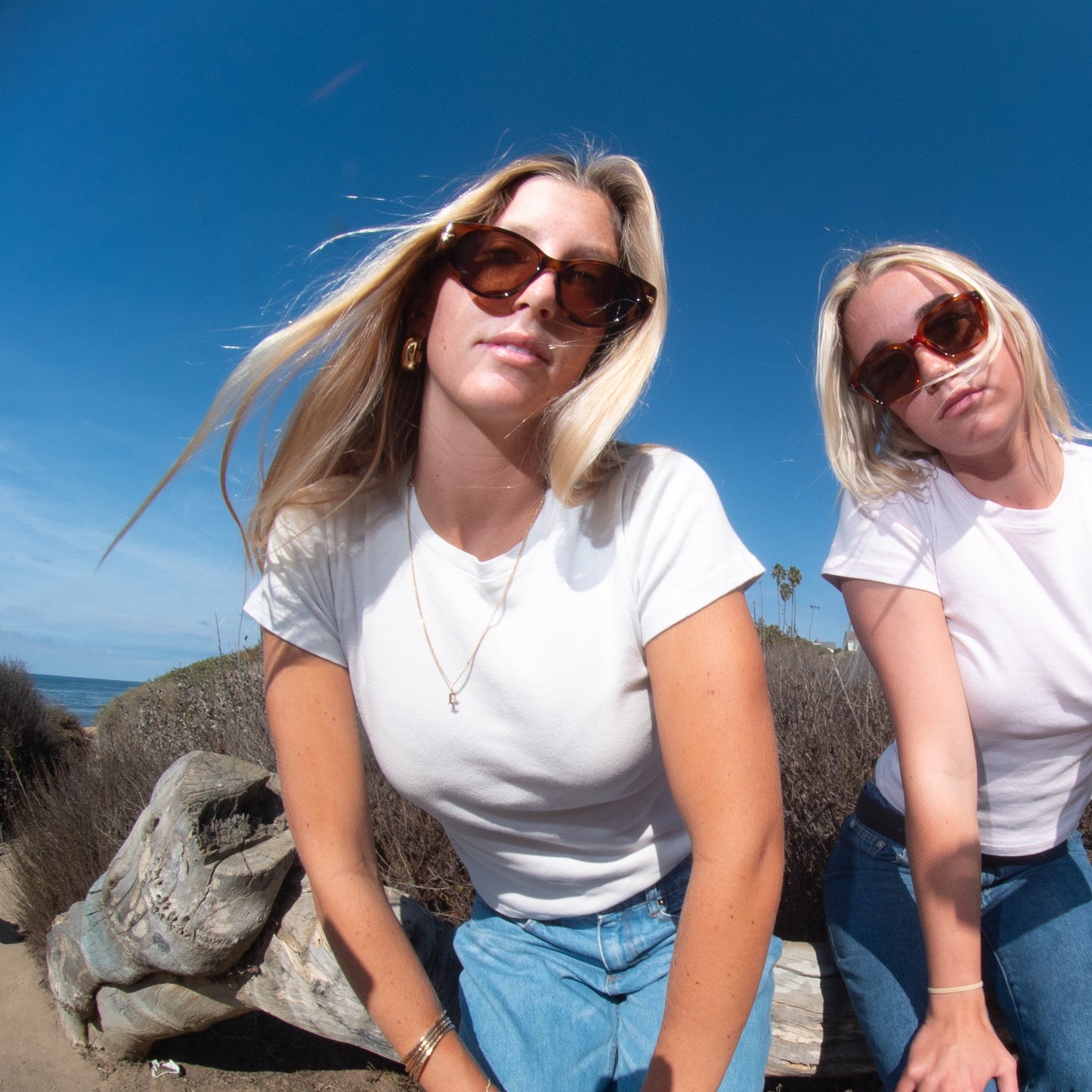 Two women in sunglasses posing on coastal trail
