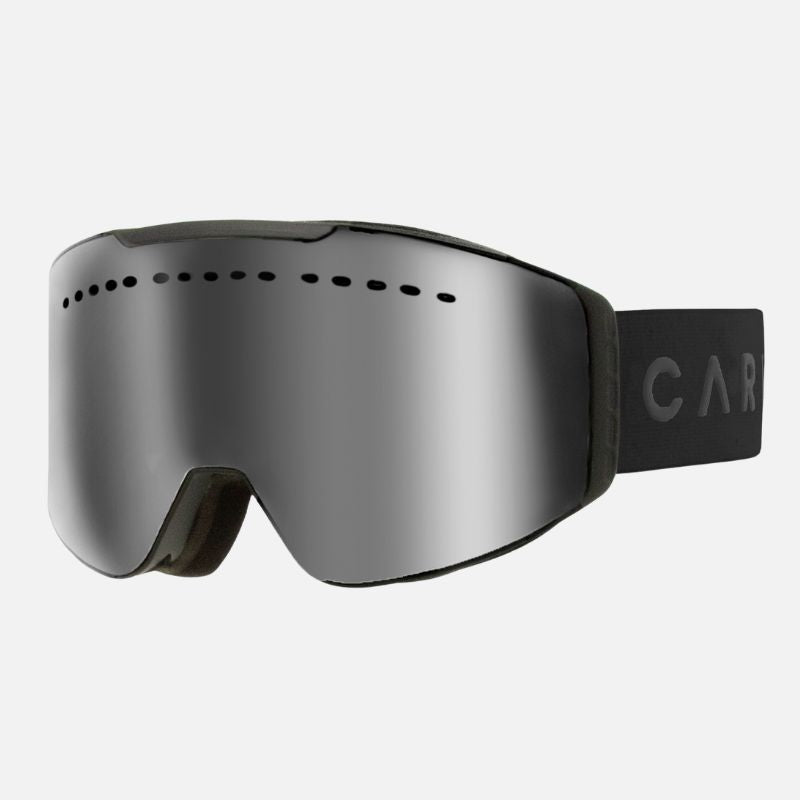 Black ski goggles with a clear lens on a white background