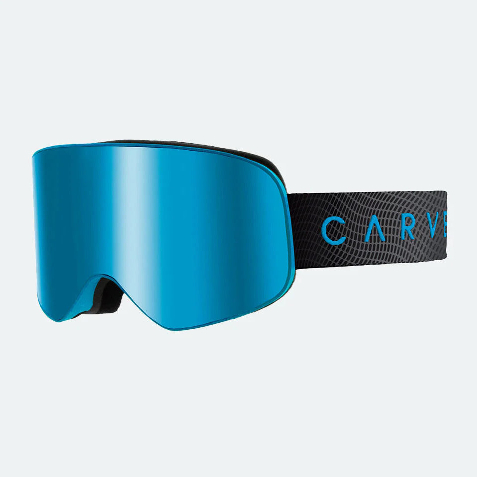 Blue ski goggles with black strap on a light gray background