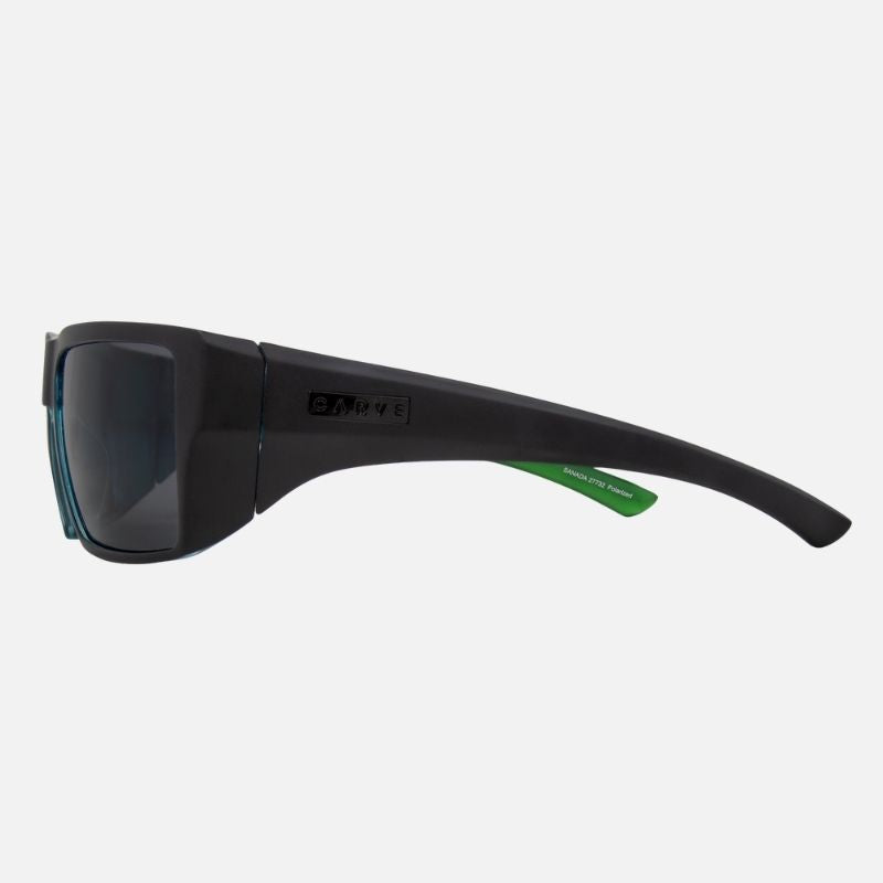 Black sunglasses with a green label on a white background