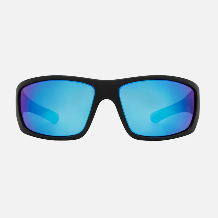 Sunglasses with blue reflective lenses on a white background