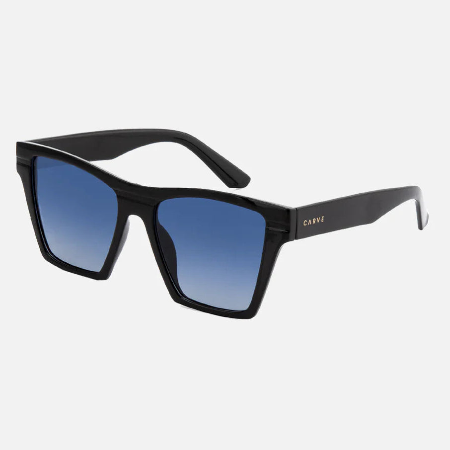 Black sunglasses with blue gradient lenses on a light gray background