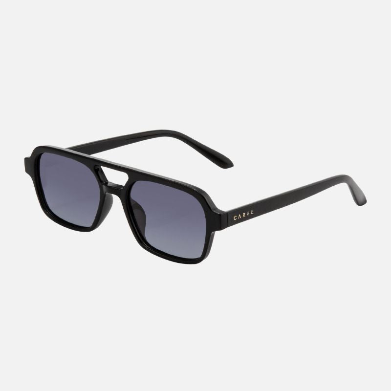 Black sunglasses with a brand logo on a white background