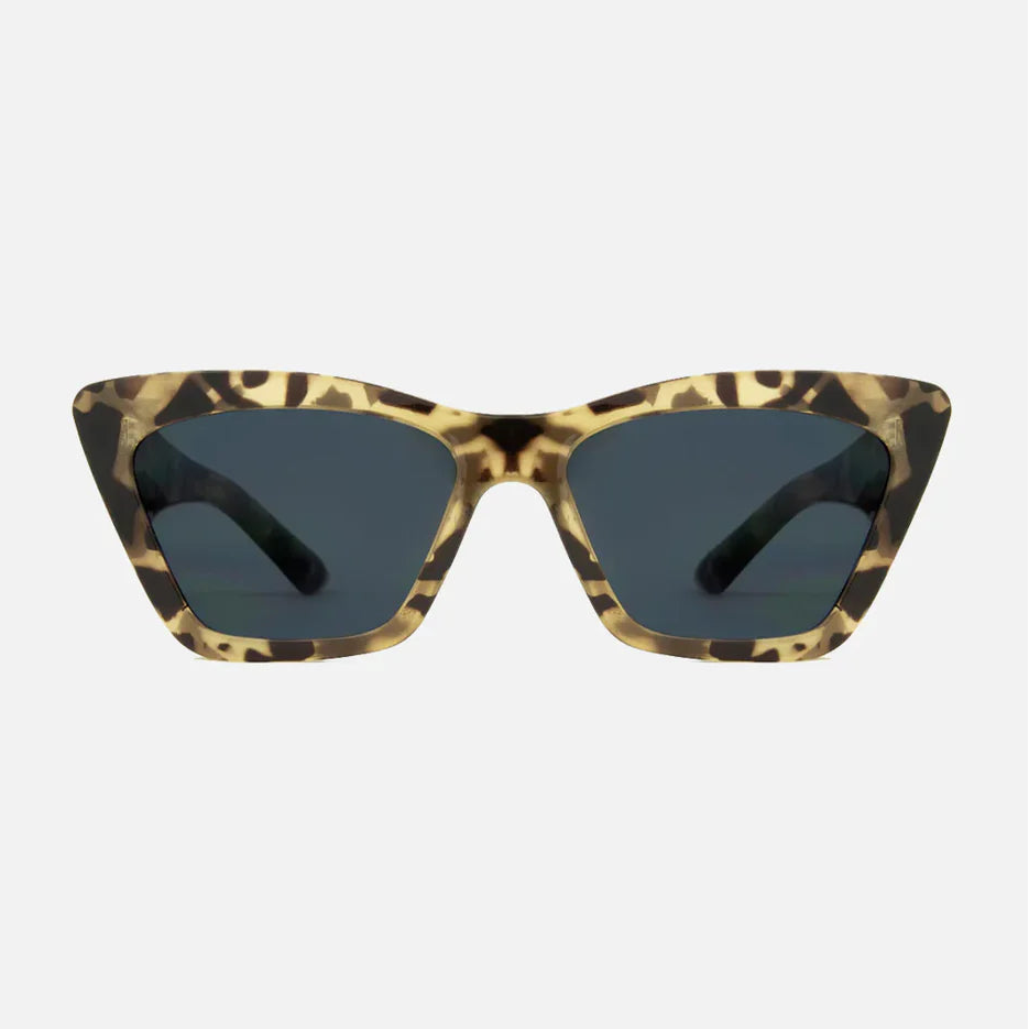 Sunglasses with tortoiseshell frame and dark lenses on a white background