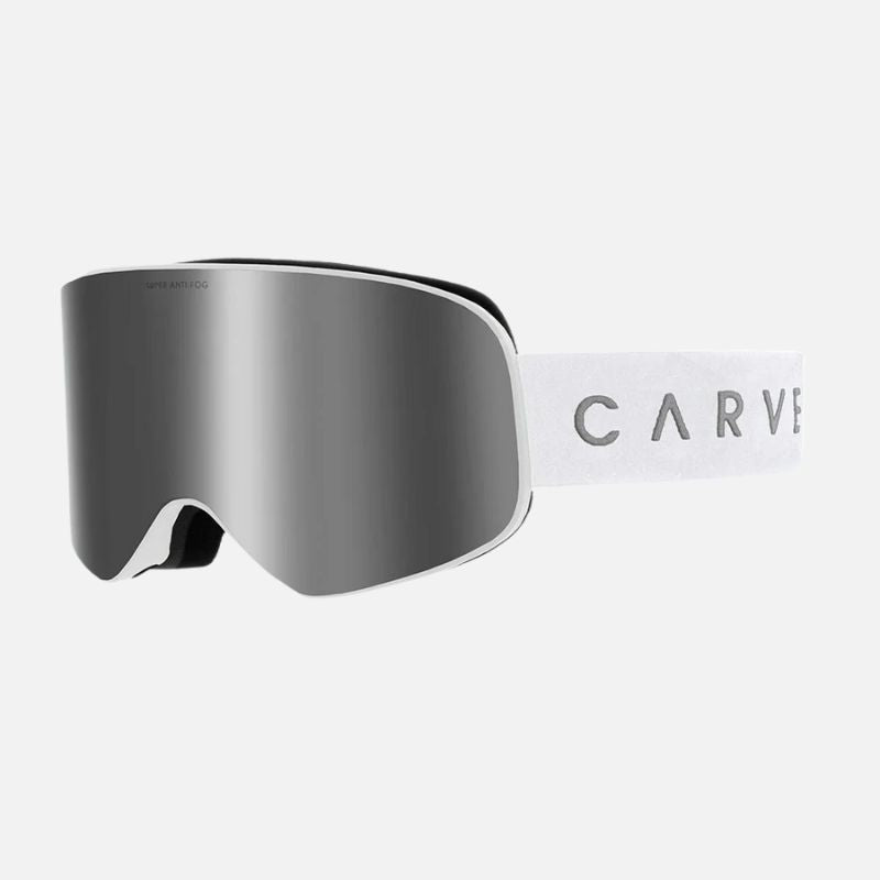 Ski goggles with a reflective lens and white strap on a white background, featuring the brand 'Carve'.