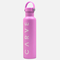 Pink water bottle with 'Carve' branding on a white background
