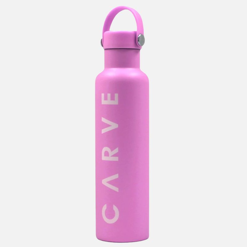 Pink water bottle with 'Carve' branding on a white background
